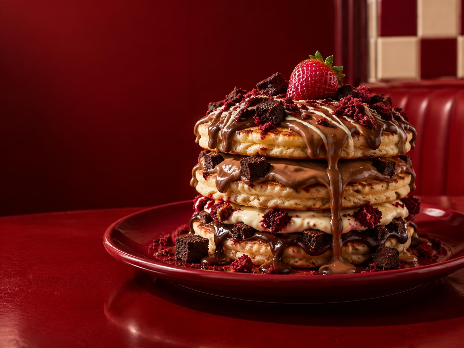 A three-layer Strawbaeco pancake stack covered in chocolate and brownie pieces